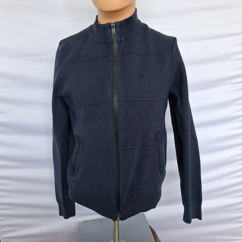 Robert Graham Mens Navy Blue Full Zip Mock Neck Cotton Blend Cardigan Sweater M